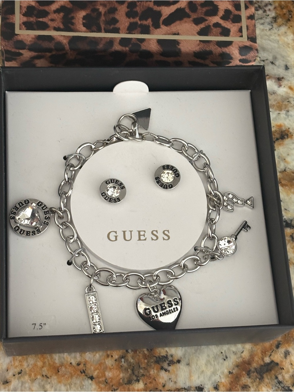 GUESS Silver-Tone Crystal Charm Bracelet with Matching Studs